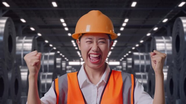 Close Up Of Asian Female Engineer With Safety Helmet Screaming Goal Celebrating Working with Stacks of Huge Metal Steel Coils in Warehouse