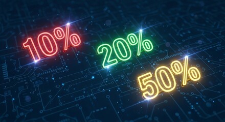 Explore limited-time offers with 10%, 20%, and 50% discounts on a modern tech background, ideal for promotions and marketing campaigns