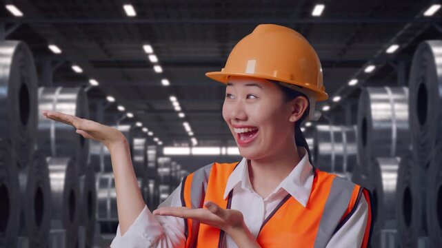 Close Up Of Asian Female Engineer With Safety Helmet Smiling And Pointing To Side While Standing with Stacks of Huge Metal Steel Coils in Warehouse