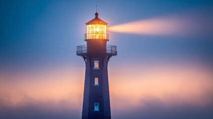 sailor. Lighthouse beam cutting through morning fog at a coastal maritime scene. travel magazines, destination branding, designed for outdoor magazines and nature guides, used by event planners.
