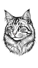Detailed monochrome illustration of a cat's face looking directly at the viewer