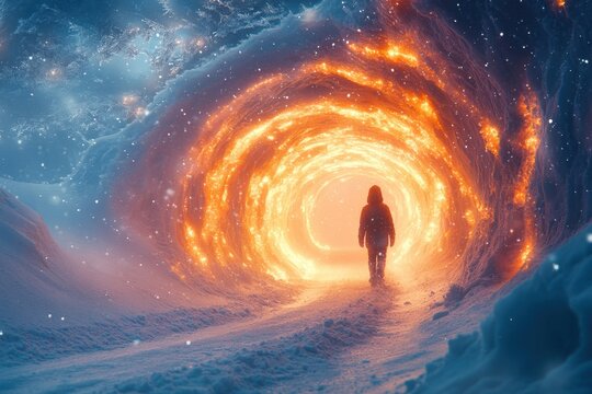 Man walking through snowy tunnel in landscape.