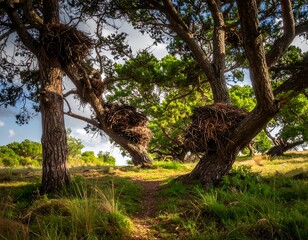 Obraz premium A trail meanders through coastal trees with large nest formations