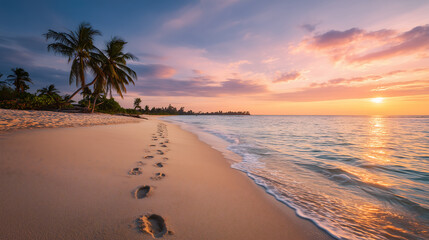 Sunset Beach with Footprints