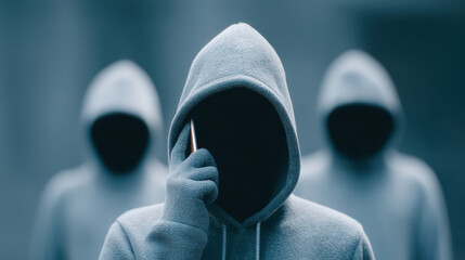Group of scammer wearing a hoodie is talking on a cell phone, fraud and criminal concept