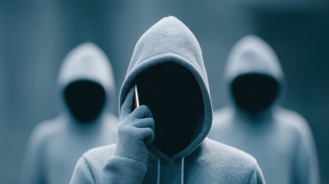 Group of scammer wearing a hoodie is talking on a cell phone, fraud and criminal concept