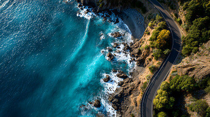 Aerial View of Coastal Road and Ocean
