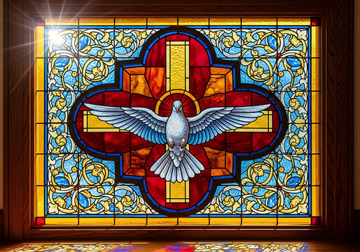 Intricate stained glass window with a white dove of peace and a cross, illuminated by a bright sunbeam. - Powered by Adobe