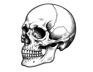 Detailed side profile illustration of a human skull, monochrome