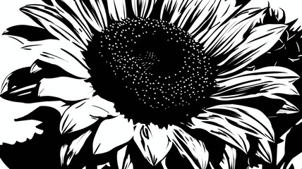 Monochrome Sunflower Vector Illustration. Detailed Black and White Floral Graphic Design with High Contrast. Botanical Art.