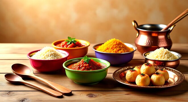 A vibrant array of colorful spices, savory sauces, and delightful sweet treats artfully arranged on a rustic wooden table, showcasing the rich ingredients for a traditional culinary experience