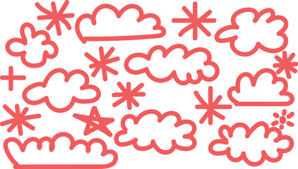 Cute crayon drawn clouds and yellow stars childlike icons hand drawn shapes isolated on white