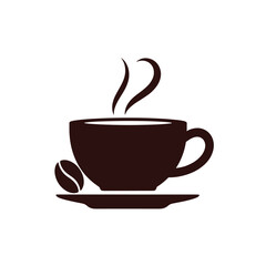 Dark brown coffee cup with steam and coffee bean on saucer vector