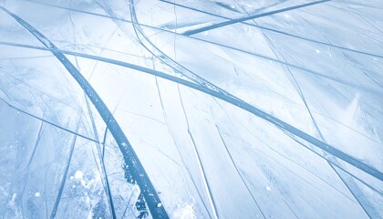 Diagonal patterns of ice-skate tracks etched on frozen, bright surface