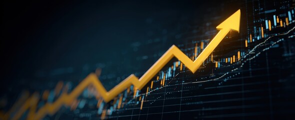 A vibrant yellow arrow rises against a backdrop of stock market charts, symbolizing business growth and success. The dark blue background adds depth, creating a striking visual concept.