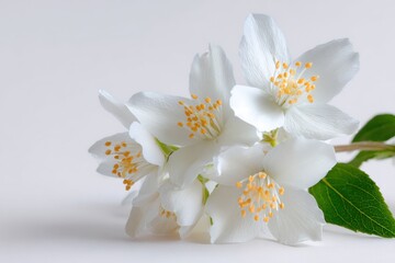 Fototapeta premium Delicate white jasmine flowers elegantly displayed against a pristine white background, showcasing their soft petals and subtle fragrance, perfect for evoking tranquility and natural beauty.