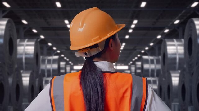 Close Up Back View Of A Female Engineer Wearing Safety Helmet Looking Around While Standing With Arms Akimbo with Stacks of Huge Metal Steel Coils in Warehouse
