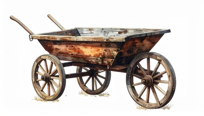 Old rustic wooden wheelbarrow with two large wooden wheels and metal components showing rust and wear, positioned on plain white background to highlight vintage craftsmanship and aged utility.