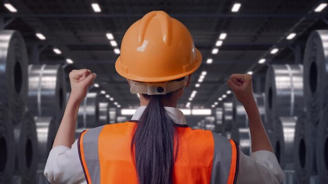 Close Up Back View Of A Female Engineer With Safety Helmet Raising Her Hands Celebrating While Working with Stacks of Huge Metal Steel Coils in Warehouse