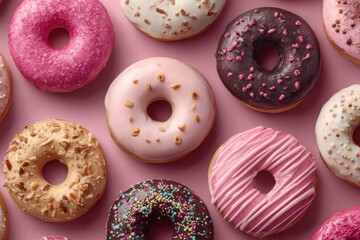 Delicious donuts in various flavors are arranged on a pink background. Great for ads, social media, or blog posts about food and treats.