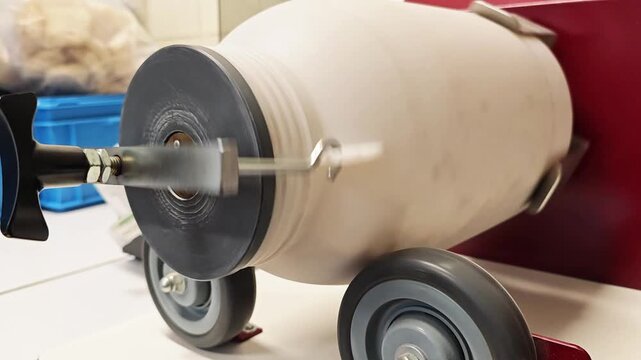 Chopin mixer instrument turning a plastic barrel filled with grains for homogenious mixing, representative sampling from a sample for GMO analysis. Labo equipment.