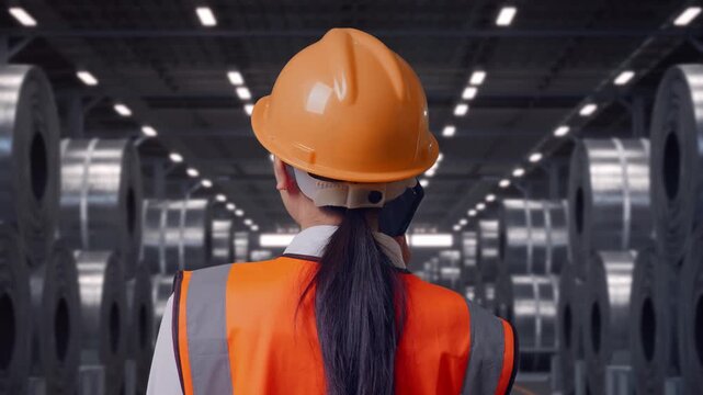 Close Up Back View Of Asian Female Engineer With Safety Helmet Talking On Smartphone While Standing with Stacks of Huge Metal Steel Coils in Warehouse
