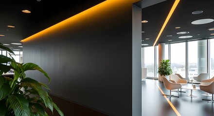 Modern corporate office interior lobby with sleek dark walls, ambient orange lighting, and lounge area.