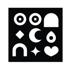 Bold Monochrome Psychedelic Icons: Circles, Arches, Eyes, Stars