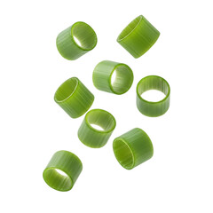 Sliced green onions, scattered in a random pattern on a, cutout, PNG isolated on white or transparent background scallion