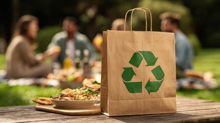 A paper bag featuring a recycling symbol rests on a table amidst friends enjoying a picnic in the park, highlighting eco-friendly packaging in a vibrant, green setting.