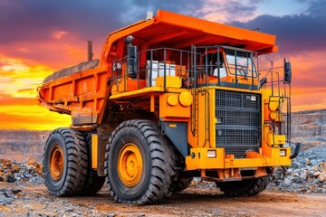 Obraz premium Captivating high-capacity industrial dump truck standing proudly during a stunning sunset showcasing vibrant orange hues against a rugged mining landscape reflecting innovation and engineering