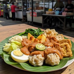 Steamed dumplings with peanut sauce, Bandung-style Indonesian siomay.