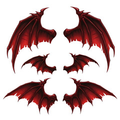 Collection of six detailed red dragon wings, in various sizes and poses, cutout, PNG isolated on white or transparent background