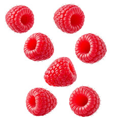 Seven bright red raspberries, scattered in a dynamic arrangement, cutout, PNG isolated on white or transparent background