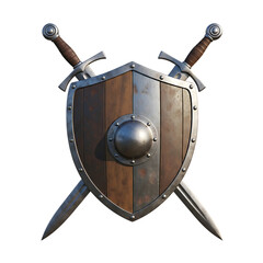 Medieval Wooden Shield, with Crossed Swords and Metal Boss, cutout, PNG isolated on white or transparent background weapon