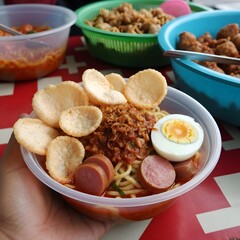 Spicy seblak noodles with egg and crackers, Bandung street food specialty.