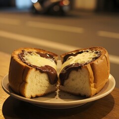 Toasted bread with chocolate and cheese filling, popular Indonesian snack.