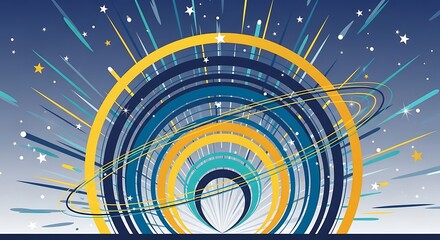 Abstract Cosmic Rings and Starbursts in Blue and Gold Tones.
