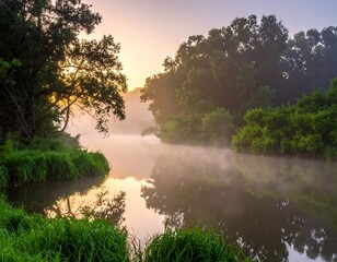 Obraz premium Misty morning river scene with sunrise, trees and grassy banks