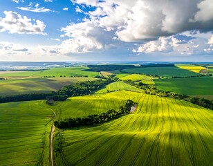 Obraz premium Aerial view of rolling green fields under a partly cloudy sky
