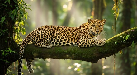 Obraz premium Leopard resting on a tree branch in dense tropical forest, wildlife photography capturing natural environment and animal behavior, Whisk_7104a44cbf3beb2a964427d460ed50d3dr.jpg concept