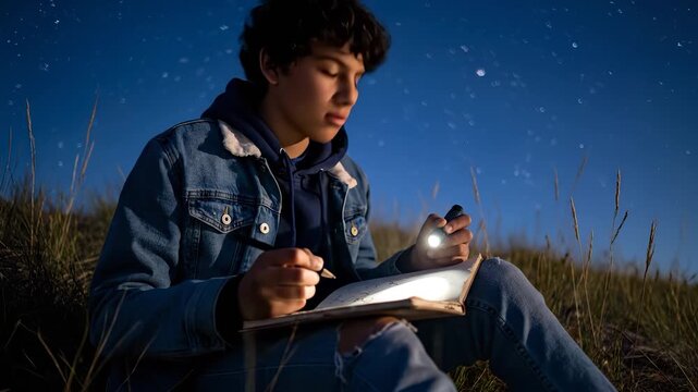 Boy writes in notebook by lantern. Young writer uses journal and notebook for study. Student sits on grass under night sky and star. Calm outdoor mood suitable for education and storytelling. Calm.