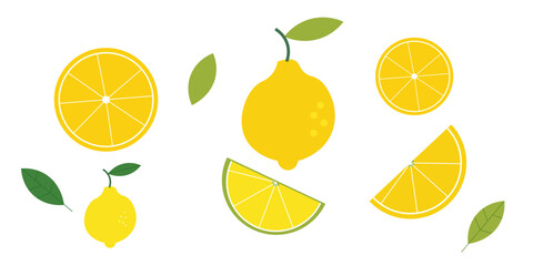 Set of lemons in doodle style. Collection of lemons on a branch, a slice of a lemon, half a lemon. Vector