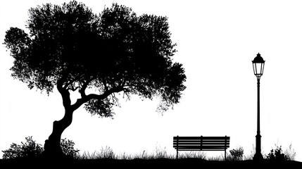 Silhouette of tree bench and lamp against white backdrop in outdoor setting