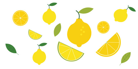Set of lemons in doodle style. Collection of lemons on a branch, a slice of a lemon, half a lemon. Vector