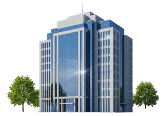 Modern glass and concrete office building with trees isolated on transparent background