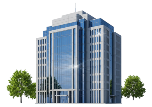 Modern glass and concrete office building with trees isolated on transparent background