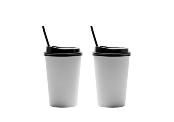 Two disposable coffee cups with black lids and straws isolated on transparent background