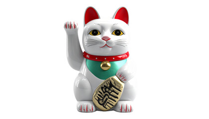 Classic White Maneki-neko with Gold Bell and Raised Right Paw, Ceramic Lucky Cat Figurine Isolated on Transparent Background, PNG