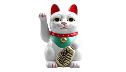 Classic White Maneki-neko with Gold Bell and Raised Right Paw, Ceramic Lucky Cat Figurine Isolated on Transparent Background, PNG
